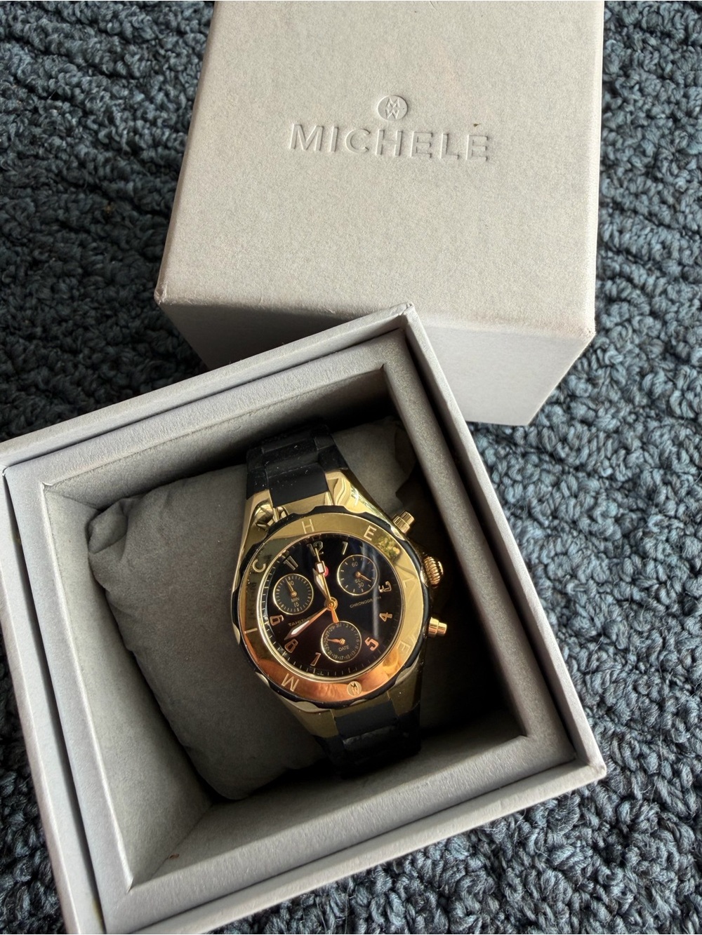 Michele Gold-Tone Case with Black Dial and Black Strap Chronograph Watch